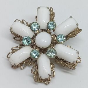 * vintage white milk glass & light blue rhinestones flower pin brooch